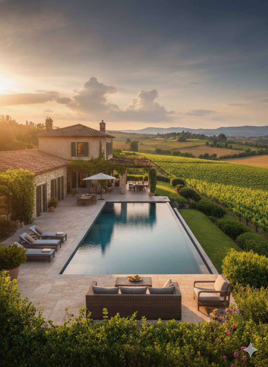 A countryside farmhouse overlooking a pool and open green fields at sunset